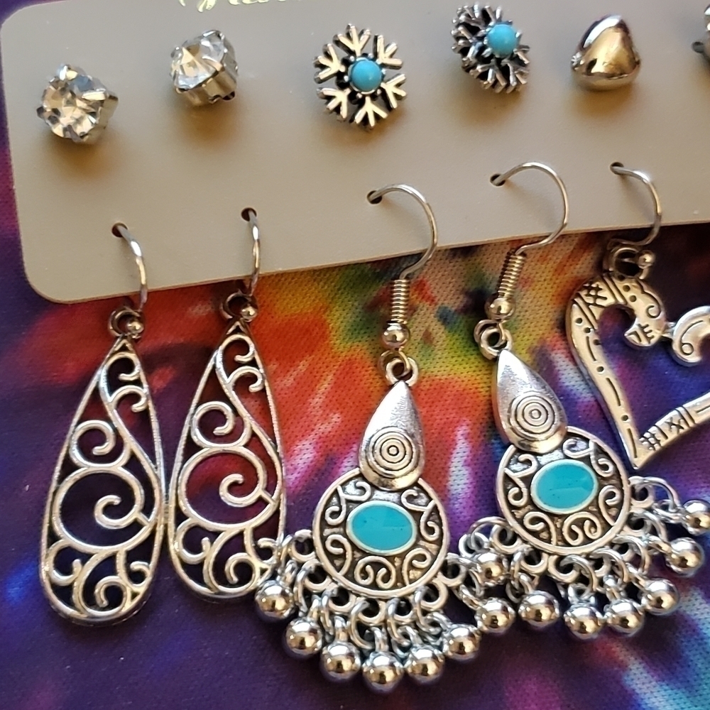 Nwt Silver Turquoise Boho Drop Dangle Earrings Stud Earrings Set of 6 - Picture 2 of 4